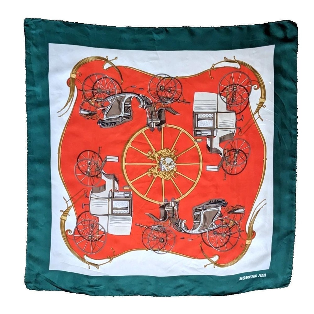 Korean Air Vintage 1980s‎ Equestrian Carriage Print Square Scarf Red Green 34"